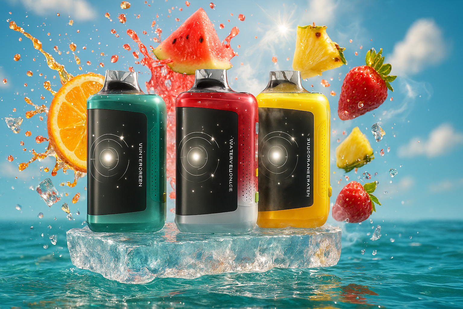 A dynamic and refreshing image of three YOVO disposable vapes. The turquoise, red, and yellow vapes are displayed on a block of ice floating on the ocean. They are surrounded by various fresh fruits, including sliced oranges, watermelon, strawberries, and pineapple, with splashes of water and ice cubes in the air.