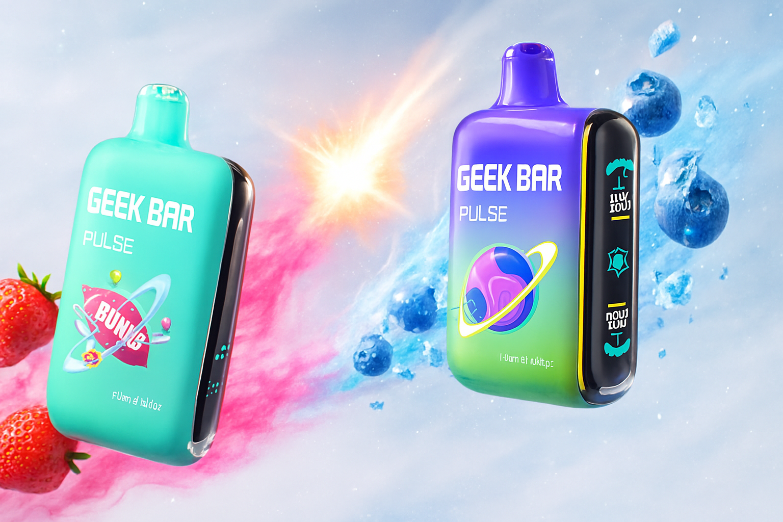 A dynamic product shot featuring two disposable vapes, one turquoise and one purple, against a split-color background of pink and light blue. The vapes are surrounded by fresh fruit, with a strawberry near the left vape and several blueberries floating near the right one. The lighting is bright and energetic, with a lens flare effect in the center, highlighting a vibrant, fruity theme.