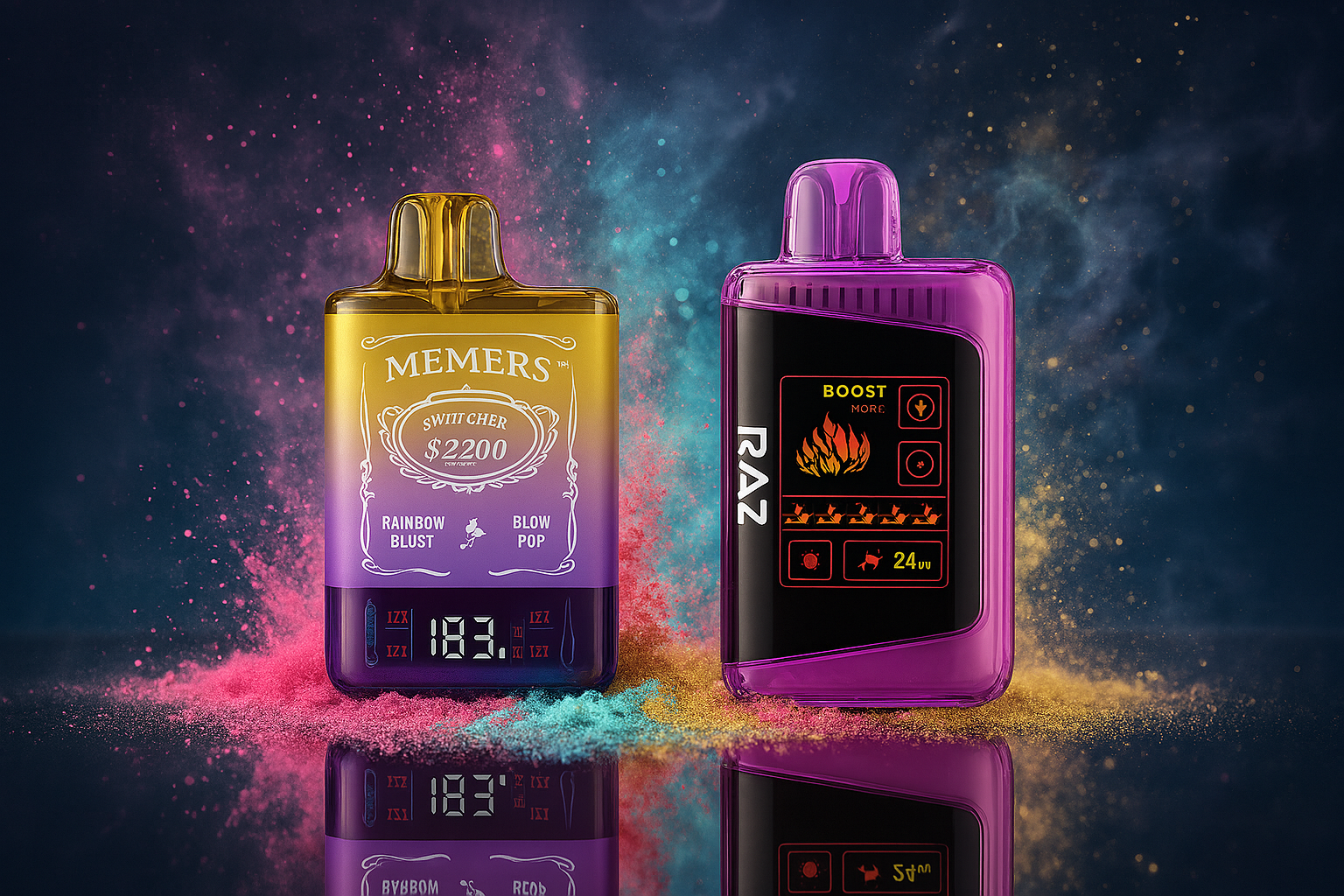 A creative product shot of two disposable vapes, one gold and purple and the other entirely purple. They are placed on a reflective surface surrounded by colorful, powdery dust in shades of blue, pink, and yellow. The background is a mix of swirling, blurred lights in similar colors, creating a vibrant and abstract party-like atmosphere.