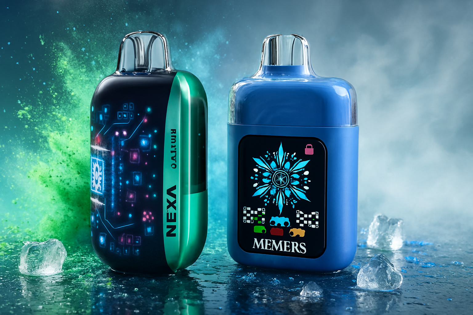 A studio product shot of two Nexa vape devices, one dark green with a circuit-board design and one blue with a stylized snowflake icon, positioned on a wet, reflective surface with ice cubes.