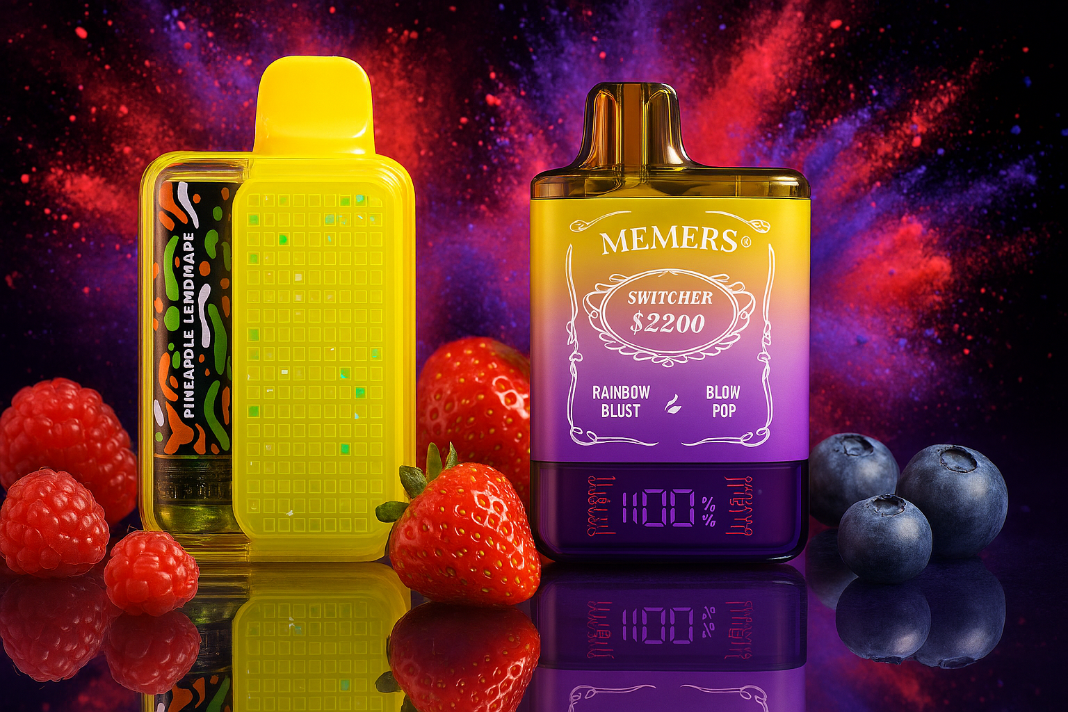 A creative and colorful product photo of two disposable vapes, one a transparent yellow and the other with a gold-to-purple gradient. The vapes are surrounded by fresh berries, including raspberries, strawberries, and blueberries. They are placed on a reflective surface against a vibrant, exploding background of pink, purple, and yellow light sparks, creating a festive and abstract atmosphere.