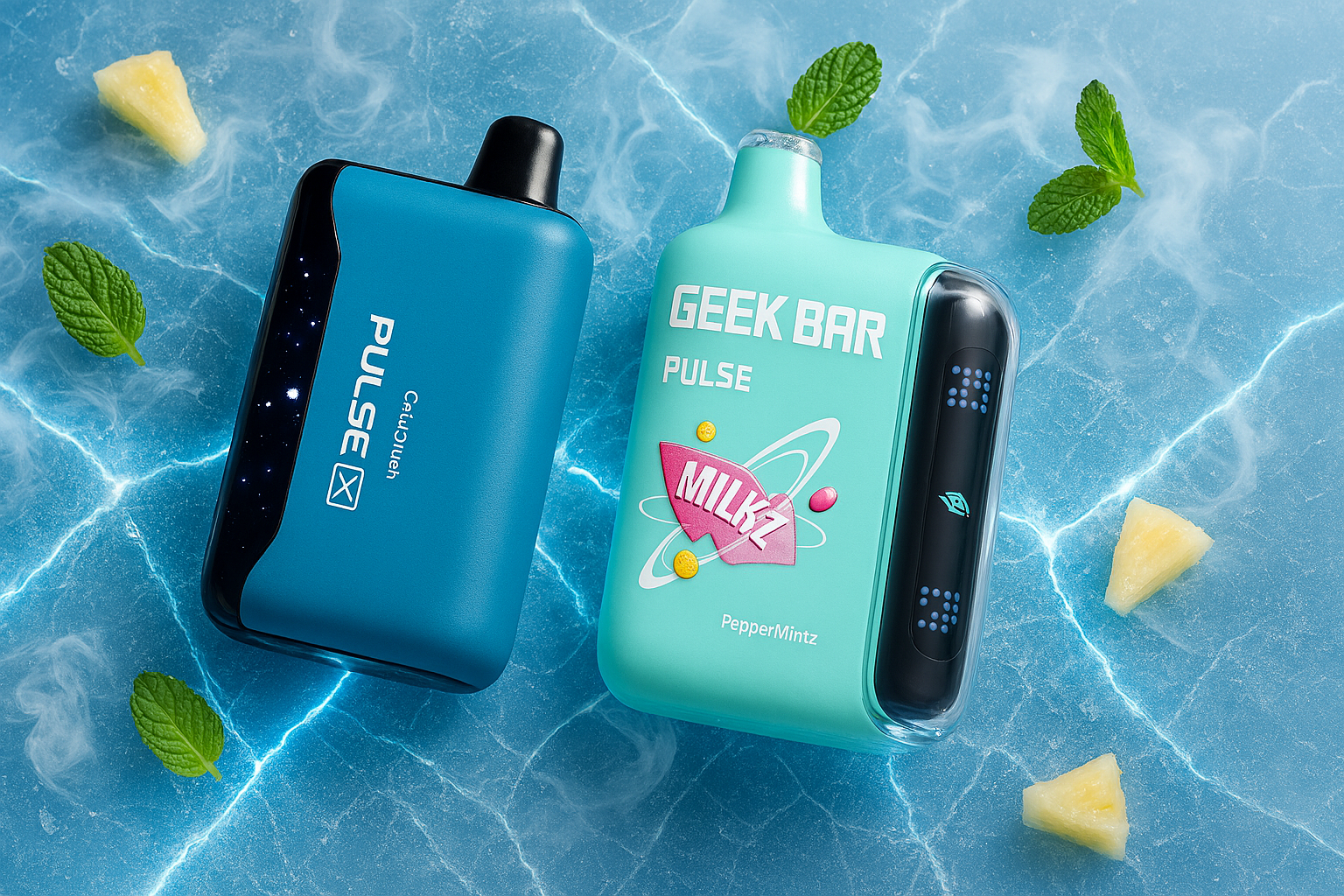 This is a product shot of two Geek Bar Pulse disposable vape devices. One is a dark turquoise device, and the other is a light mint-green one. The devices are surrounded by fresh mint leaves and chunks of pineapple, all set on a blue surface with a stylized lightning effect.