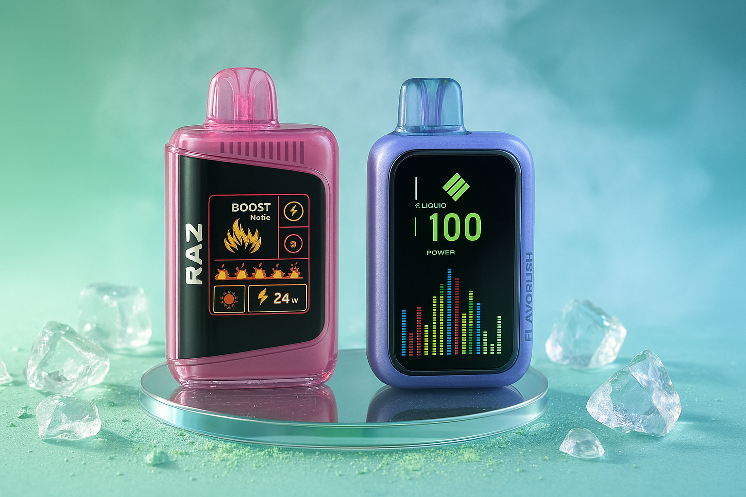 Two brightly colored disposable vapes on a reflective surface surrounded by ice cubes.