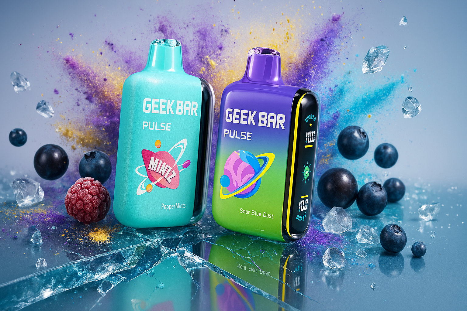 A colorful and fresh product shot featuring two Geek Bar Pulse disposable vapes. The one on the left is a vibrant turquoise, while the one on the right has a purple-to-green gradient with a cosmic design. They are placed on a reflective surface with cracked ice, surrounded by fresh blueberries, raspberries, and ice cubes. An explosion of colorful powder in pink, purple, and blue is visible in the background, creating a lively and cool atmosphere.