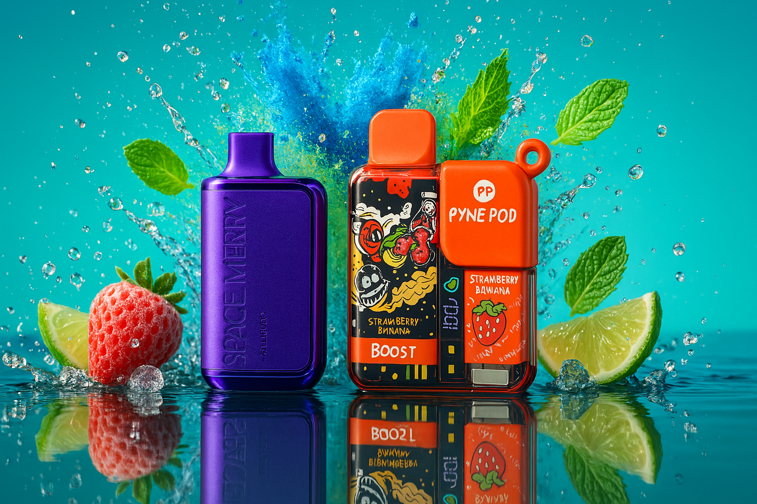 A bright and dynamic product photo featuring two different vape devices. A deep purple rectangular vape is on the left, next to a red vape with a detachable orange mouthpiece on the right. Both are surrounded by splashes of water and mint leaves, with a strawberry and a lime slice on either side. The scene is set on a reflective surface with a vibrant blue and green background.