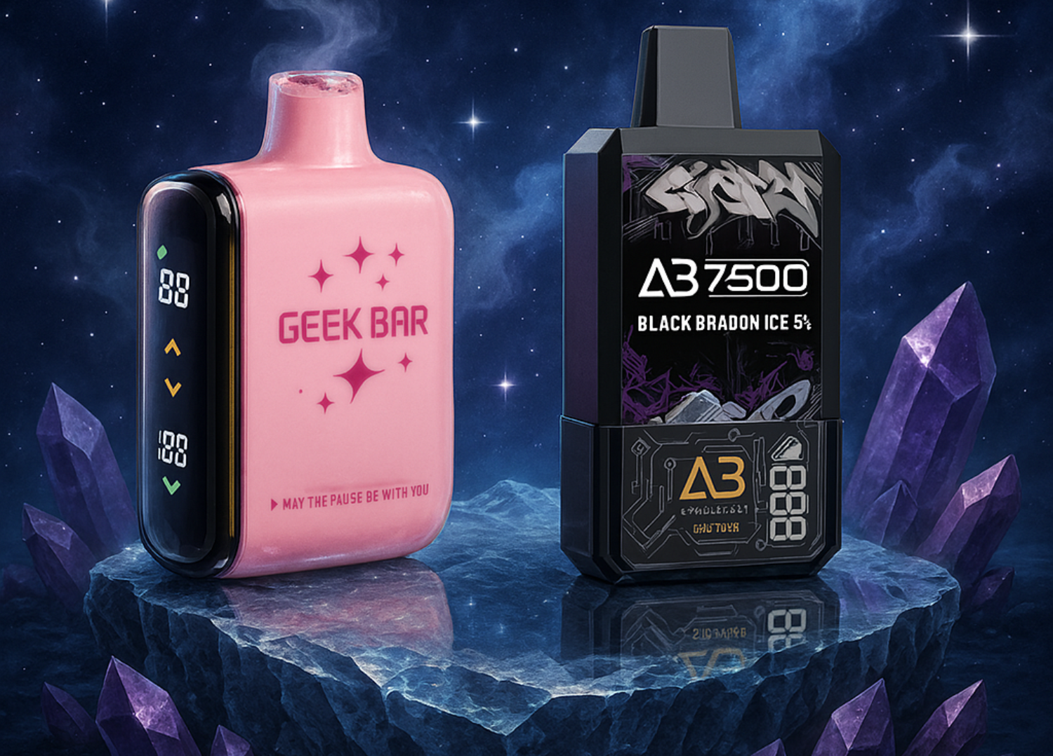 Two vape devices are showcased in an eye-level product shot, set against a dark, starry background with purple crystals. On the left, a pink