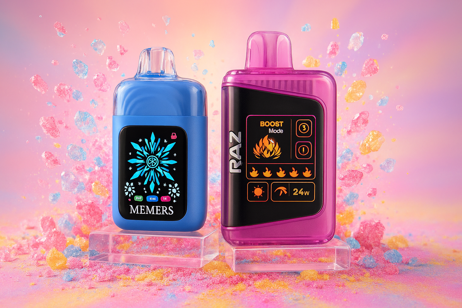 A product photo featuring two disposable vapes on clear acrylic stands. The vape on the left is a blue MEMERS brand device with a bright blue digital floral-like design. The vape on the right is a pink RAZ brand device with a screen displaying flame icons and settings. The vapes are set against a pastel background with scattered pink, blue, and yellow particles, resembling candy or crystals.