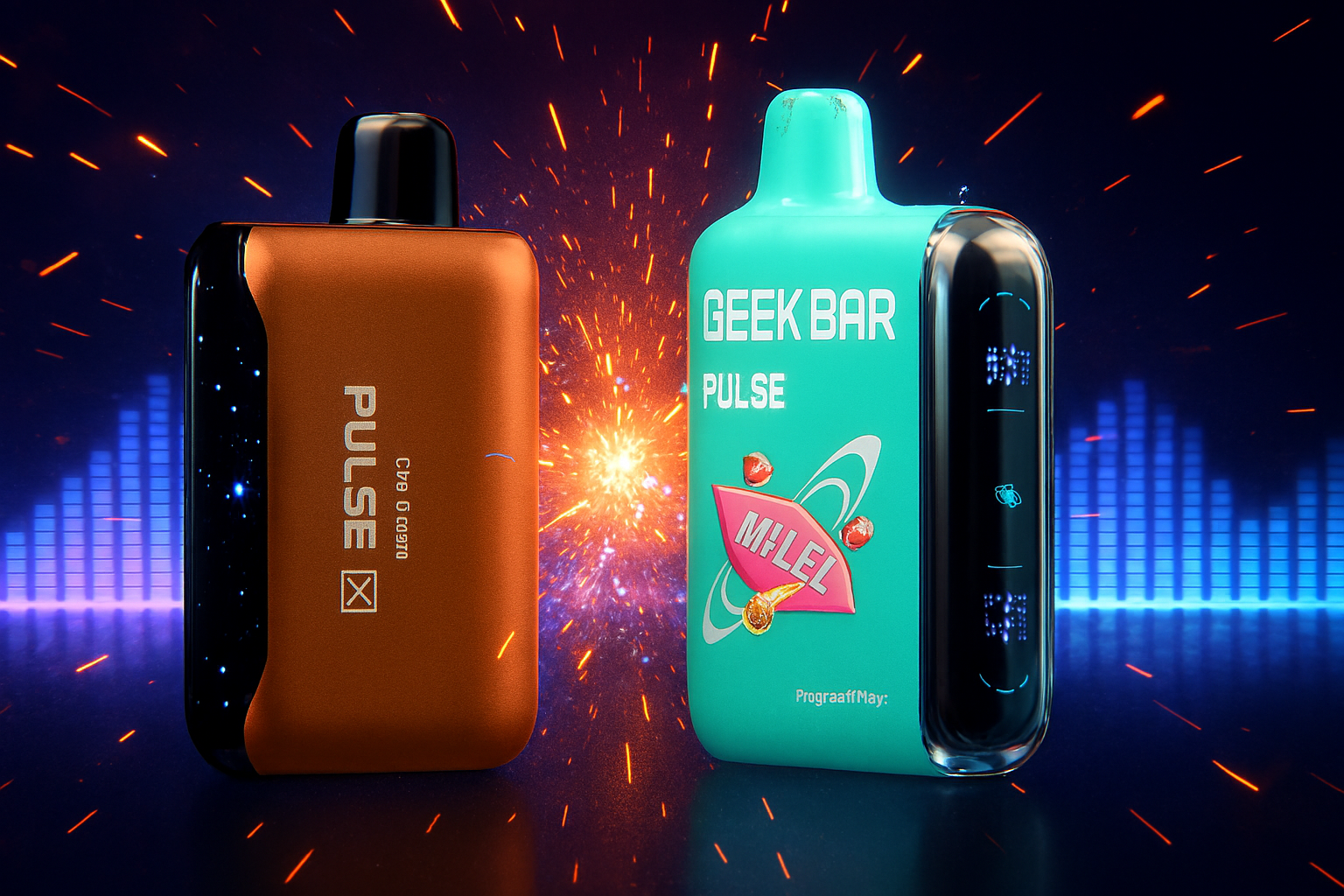 A high-energy product shot featuring two disposable vapes, one a sleek black and bronze, and the other a vibrant turquoise. They are positioned against a dark, futuristic background with an explosive burst of light and orange sparks in the center. The background also features a glowing blue equalizer graphic, suggesting a connection to sound and energy.