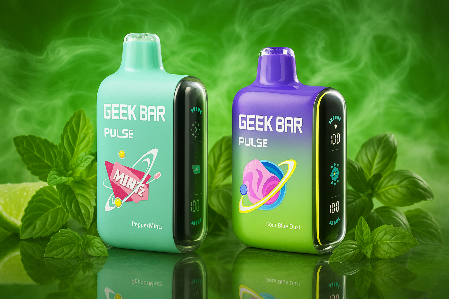 A dynamic product shot of two disposable vapes, one mint green and one purple, against a glowing green backdrop. The vapes are positioned next to fresh mint leaves and a slice of lime, which are also reflected on the glossy surface below. The lighting creates a vibrant, energetic atmosphere, suggesting cool and fresh flavors.