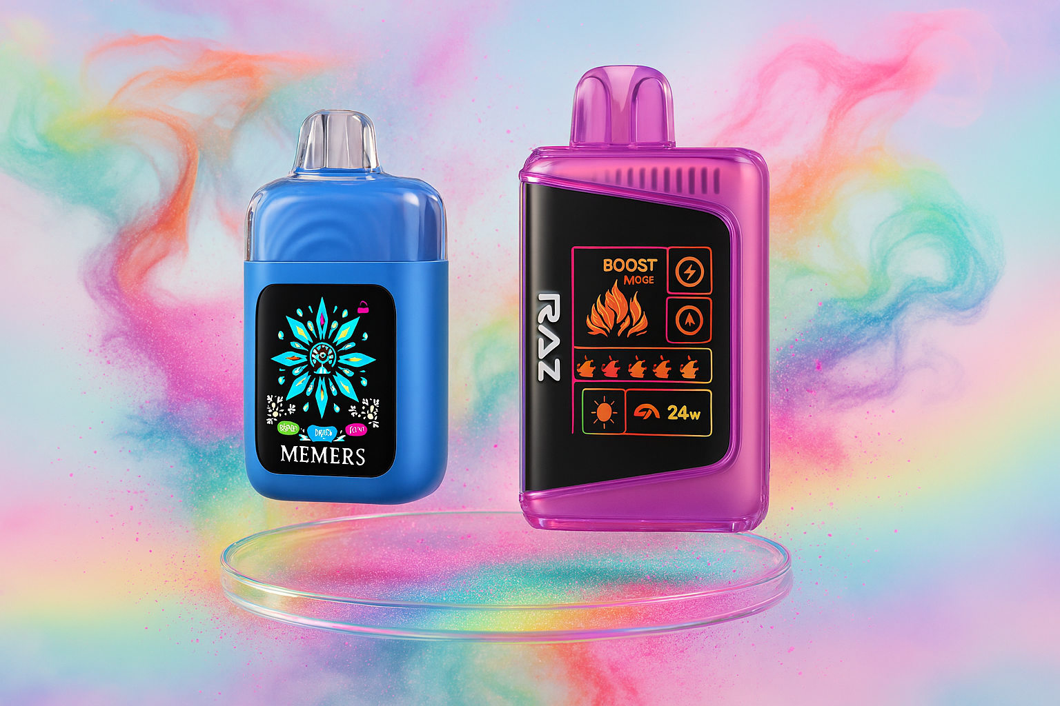 A colorful promotional image showing a blue MEMERS vape and a purple RAZ vape floating above a shimmering, iridescent surface, set against a backdrop of swirling colored powder.
