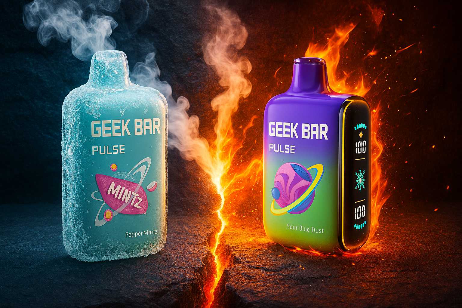 A contrasting product shot featuring two disposable vape devices representing opposing temperatures. The left device is covered in ice and surrounded by cool blue smoke, while the right device is emitting warm orange light and surrounded by fiery effects. They are positioned on a cracked surface with both cold and hot elements emanating from the crack.