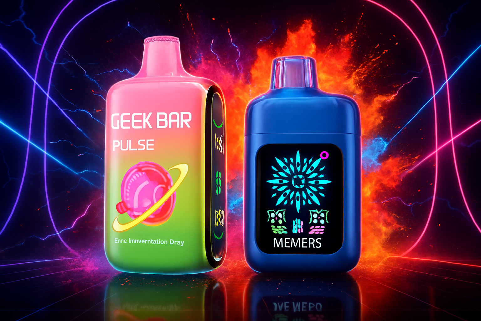 A high-energy product image features two vibrant vape devices against a backdrop of neon rings and a fiery explosion. The left device has a pink-to-green gradient with a stylized planet graphic, while the right device is a deep blue and features a futuristic, glowing geometric pattern on its screen. The dynamic lighting and background create a striking, cyberpunk aesthetic.