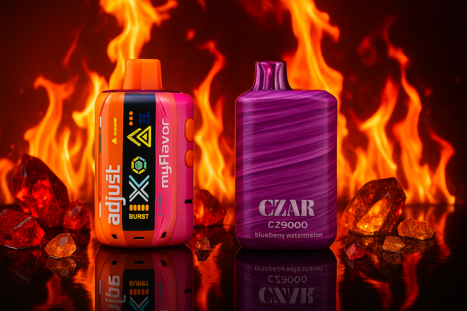 A high-quality product photo of two disposable vapes with a fiery theme. The vape on the left is an orange and pink
