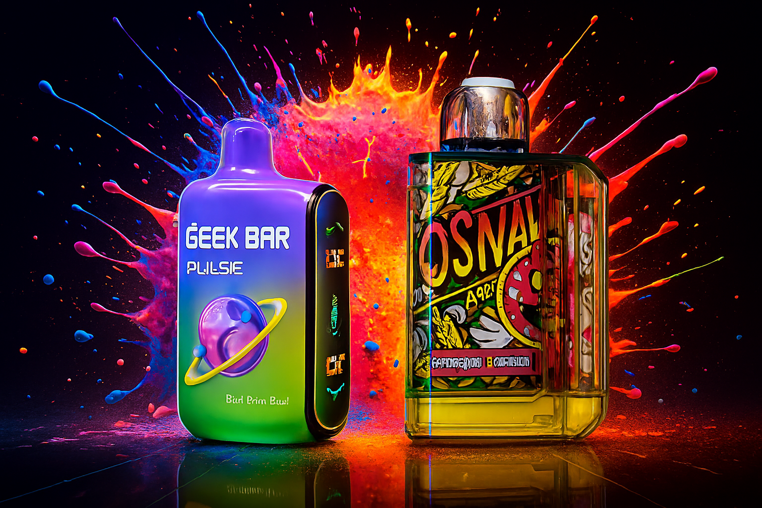 A vibrant product shot features two distinct vape devices against a backdrop of colorful paint splatters. The left device is a purple and green gadget with a cosmic-themed graphic, while the right device is a transparent yellow one with a bright, graffiti-style art design. The dynamic background and reflective surface create a striking and artistic composition.