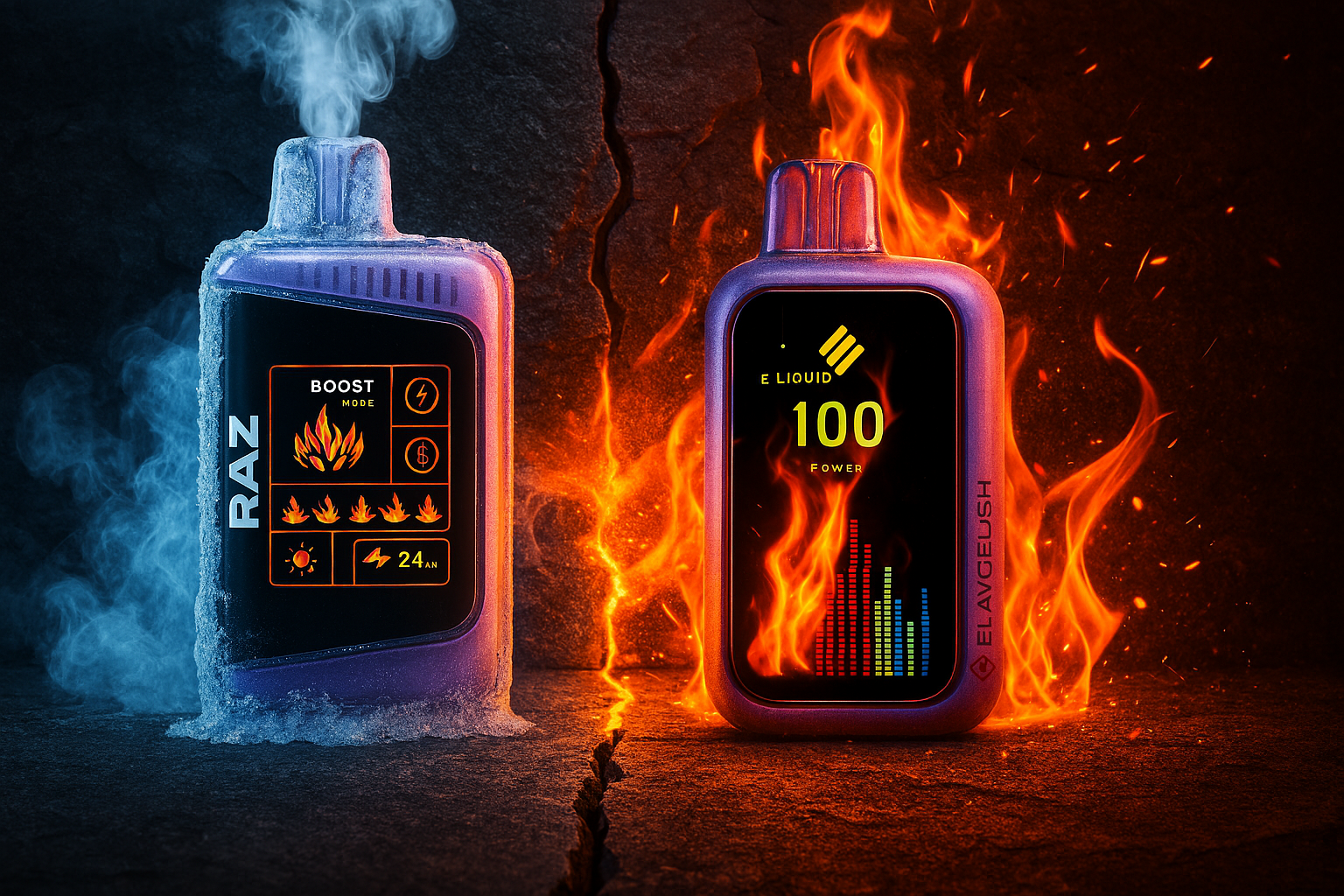 A striking, high-contrast product photo of two disposable vapes, symbolizing a