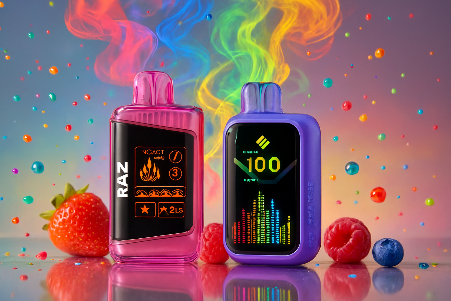 A vibrant product shot featuring two disposable vapes in a playful, colorful setting. The vape on the left is translucent pink, while the one on the right is a solid purple, both with digital displays. They are surrounded by scattered colorful droplets and fresh berries – a strawberry, raspberries, and a blueberry – suggesting fruity flavors.