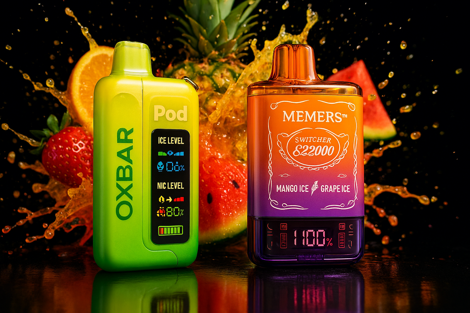 A striking product shot of two disposable vapes against a black background. The one on the left is a vibrant lime green, while the one on the right has a gradient design fading from orange to purple. Both devices are set amongst a dynamic splash of yellow liquid and fresh fruit, including a pineapple, a sliced orange, and a strawberry. Slices of watermelon are also visible in the background, creating a lively and juicy atmosphere.