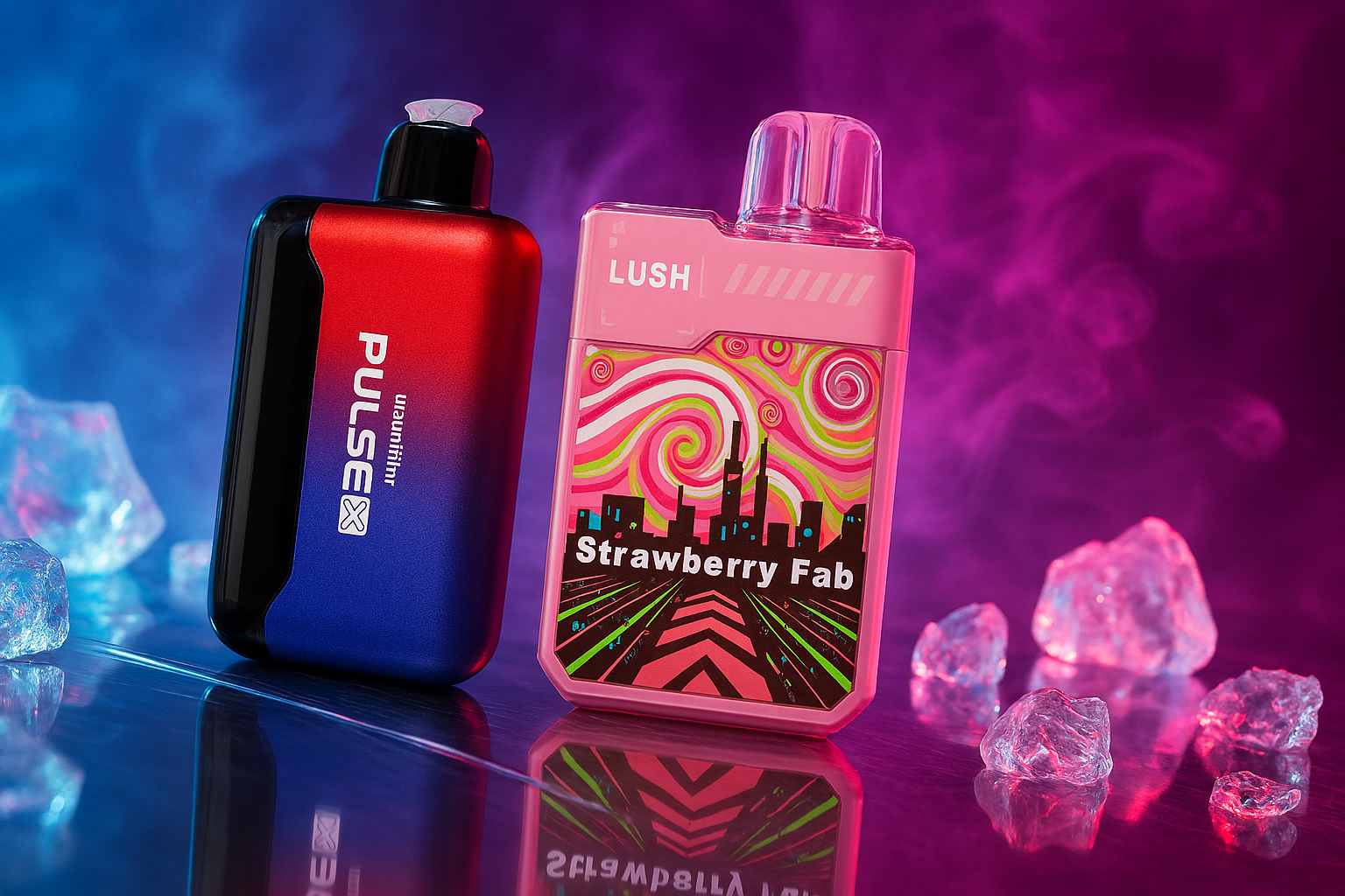 A studio product photo featuring two vapes on a reflective surface surrounded by ice cubes. One vape is a vibrant red and blue gradient, while the other is a pink device with a modern, stylized city design and the words