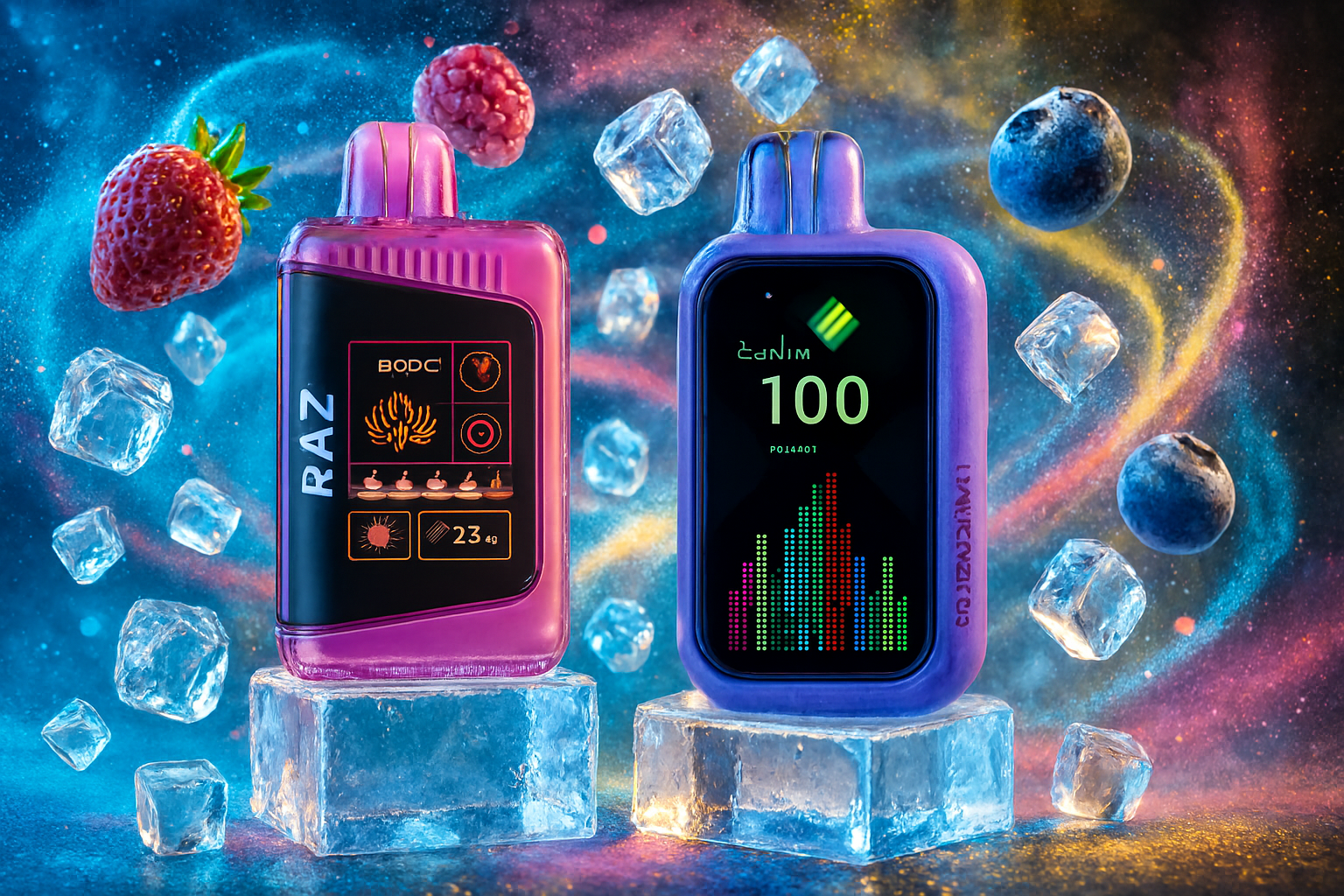 A studio photograph featuring two colorful vape devices, one purple and one pink, with digital displays. They are placed on ice blocks, surrounded by floating ice cubes, blueberries, and a raspberry and a strawberry. The background is a mix of vibrant, cosmic colors with a starry, abstract effect.
