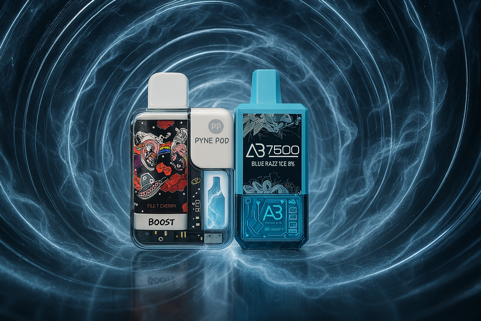 A dynamic product shot featuring two distinct disposable vape devices side-by-side. The devices, one with a white and black artistic design and the other a solid light blue, are set against a background of swirling, futuristic blue and white light patterns. The overall image has a high-tech, energetic feel.