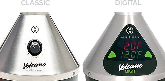 comparing the Volcano vaporizers: Classic's analogue rotary knob as compared to the Volcano Digit's LED digital display and buttons