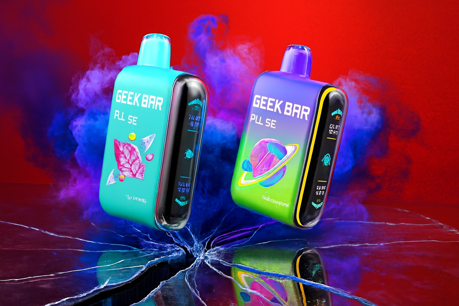 The photo shows two brightly colored vape devices labeled GEEK BAR PULSE standing upright on a cracked reflective surface with dramatic red and purple smoke swirling in the background. The left device is turquoise with pink leaf and candy graphics, while the right device features a gradient of purple and green with a planet illustration. Both have digital side displays with icons and text, giving them a modern, futuristic look enhanced by the vivid and striking atmosphere.