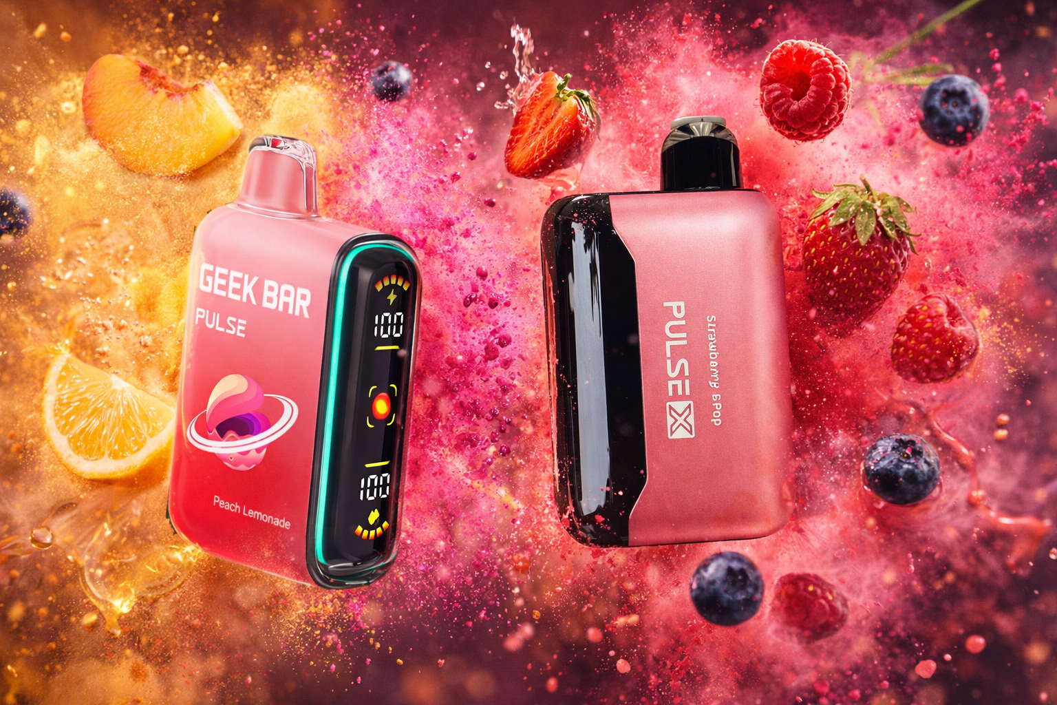 The photo depicts two vibrant vaping devices showcased in a dynamic, fruit-filled scene. On the left, the 