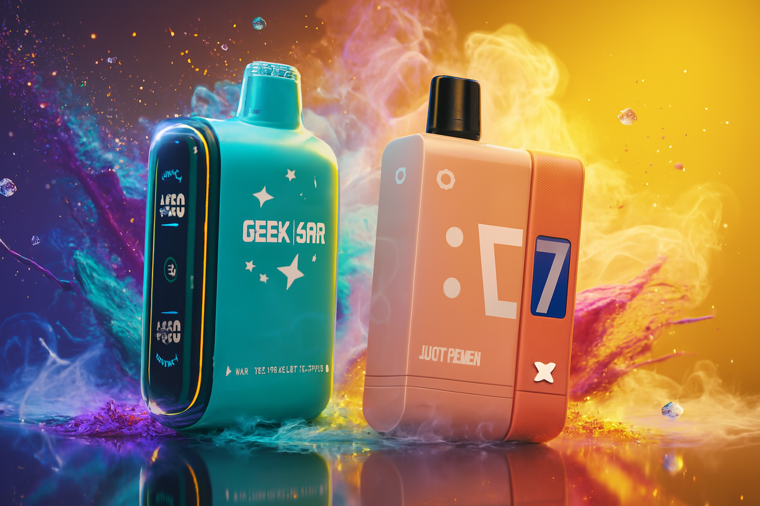 The image features two colorful vape devices standing upright against a vivid, multicolored backdrop filled with swirling smoke and scattered droplets. On the left, the turquoise 