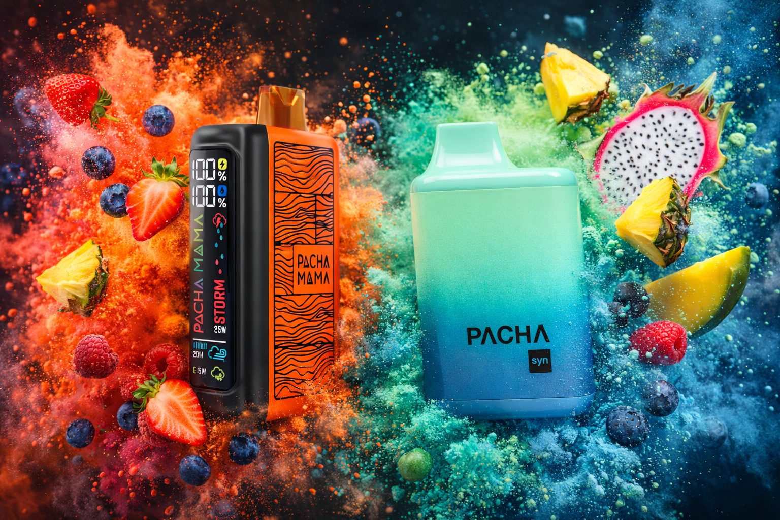 The photo shows two vape devices surrounded by a vibrant explosion of fruits and colored powders. The left device is black and orange, labeled “PACHA MAMA STORM,” with a digital display showing battery levels and settings. The right device has a turquoise-to-blue gradient design labeled “PACHA syn,” set against a background of dragon fruit, pineapple, mango, and berries, emphasizing fruity flavors.