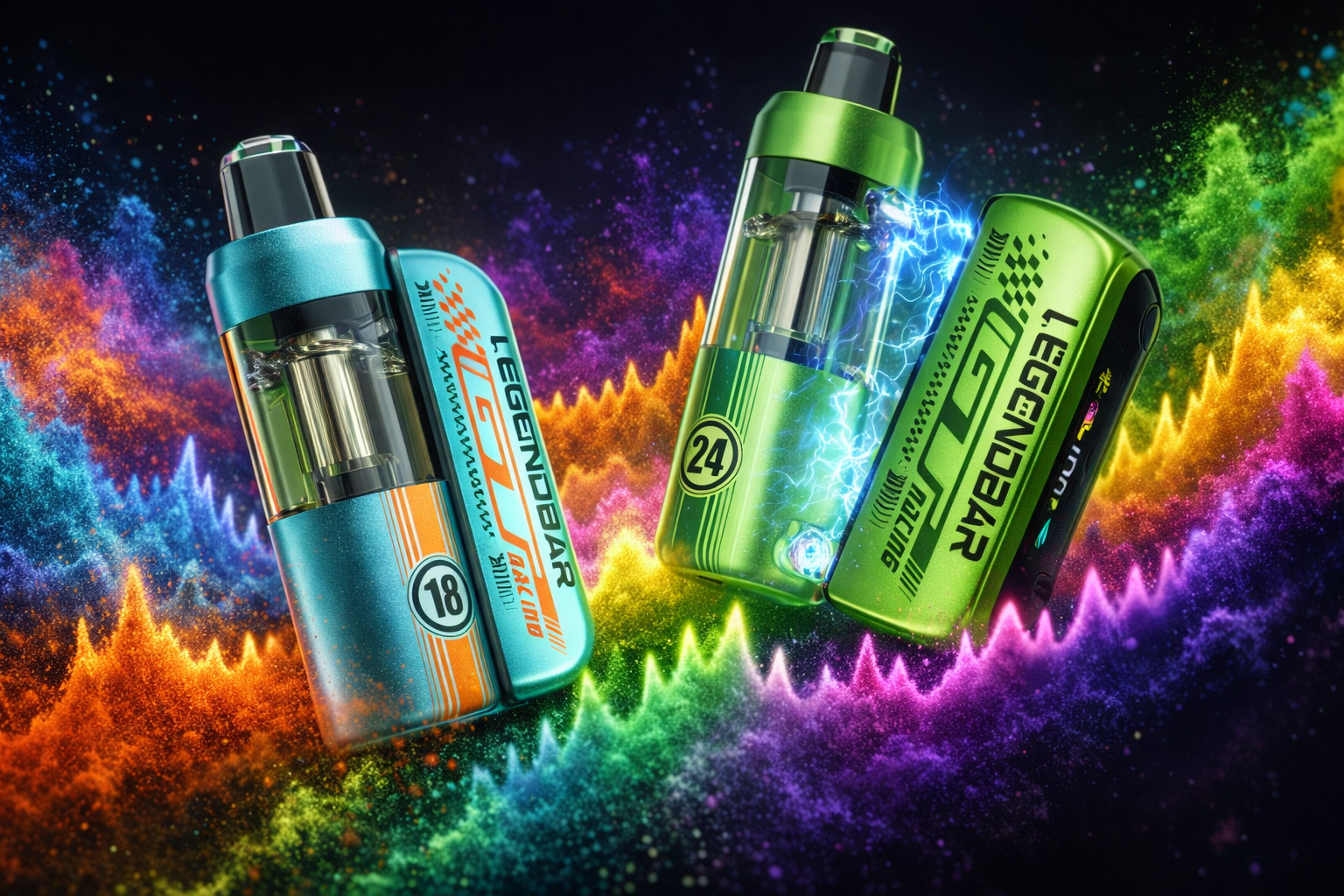 Two brightly colored vape devices are displayed against a vivid, multicolored background resembling glowing sound waves. The turquoise blue and orange device is labeled “LEGEND BAR GT RACING 18,” while the green one reads “LEGEND BAR GT RACING 24,” both featuring transparent sections that reveal internal components. Dynamic waveforms and electric effects in the background emphasize a theme of power and performance.