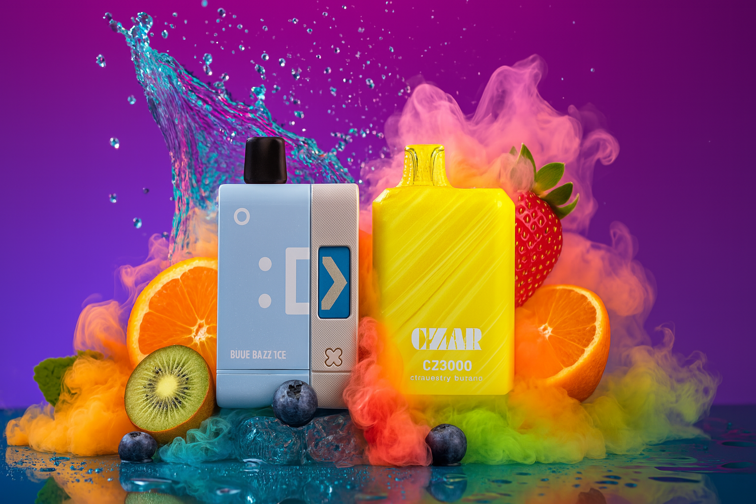 The image showcases two vibrant vape devices set against a dynamic, multicolored backdrop filled with swirling vapor and splashes of color. On the left, the light blue and white device labeled “BLUE RAZ ICE” features a bold blue arrow symbol, while the right device, “CZAR CZ3000,” stands out with its bright yellow textured design. Surrounding them are fresh fruits including sliced oranges, kiwi, and blueberries, along with mint leaves and a splash of water, all enveloped in clouds of pink, orange, green, and blue vapor. The composition radiates freshness, energy, and flavor intensity, blending sleek design with tropical vibrancy.