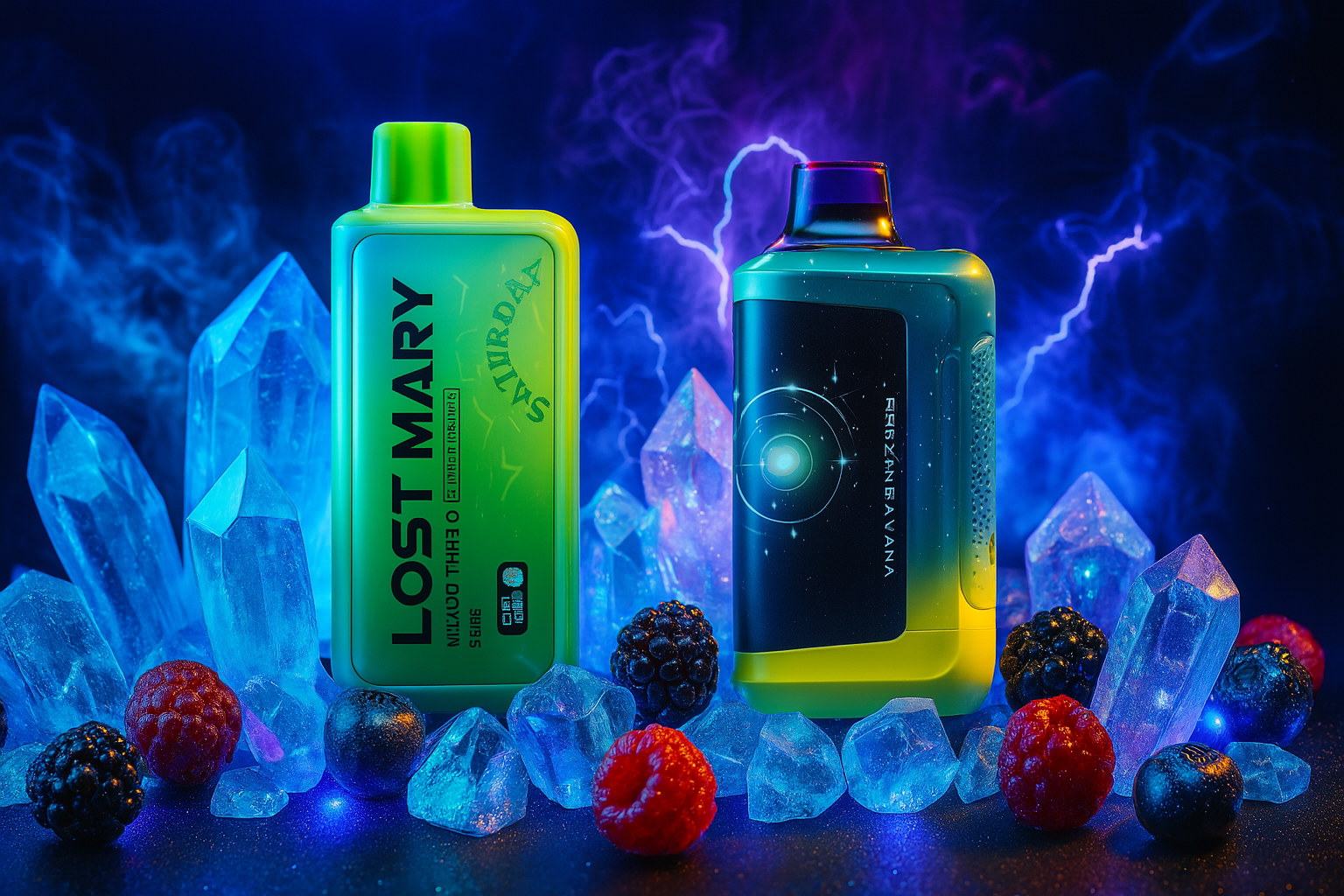 Two vividly colored vape devices are nestled among glowing blue crystals and a lush mix of berries—raspberries, blackberries, and blueberries—set against a dramatic backdrop of electric blue and purple lightning. The left device, labeled 