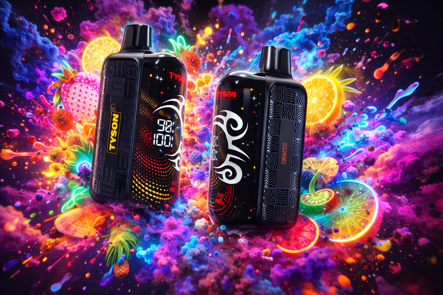 Two sleek black vape devices branded “TYSON” are displayed in a vibrant composition. Their digital screens show numbers “92” and “100,” with decorative patterns and text including “FUNACIDO.” Surrounding neon explosions of citrus slices, strawberries, pineapples, and splashes of colorful liquid create an energetic background of purples, blues, oranges, and yellows.