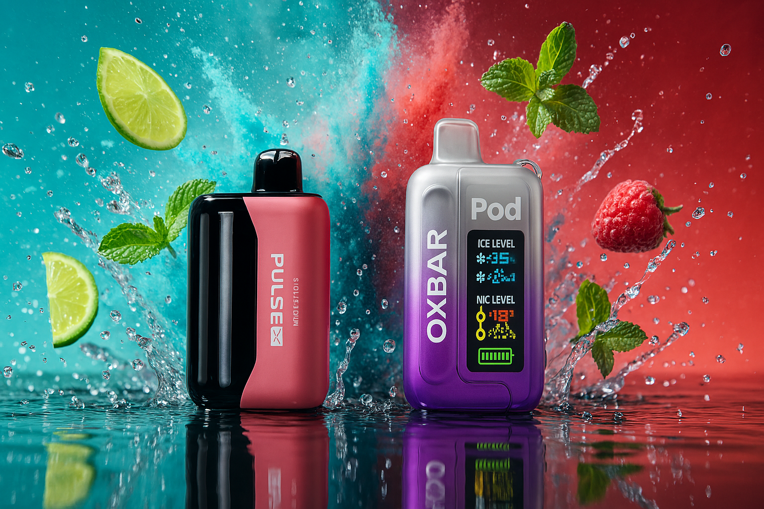 The image showcases two sleek vape devices standing upright on a glossy, reflective surface, set against a vibrant split-color background—cool teal on the left and fiery red on the right. The left device, labeled 