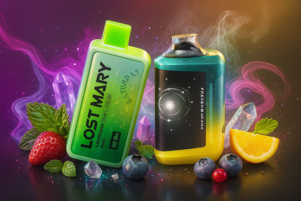 The image features two vibrant vape devices placed among a colorful arrangement of fruits and crystals, creating a visually rich and mystical atmosphere. The left device, labeled 