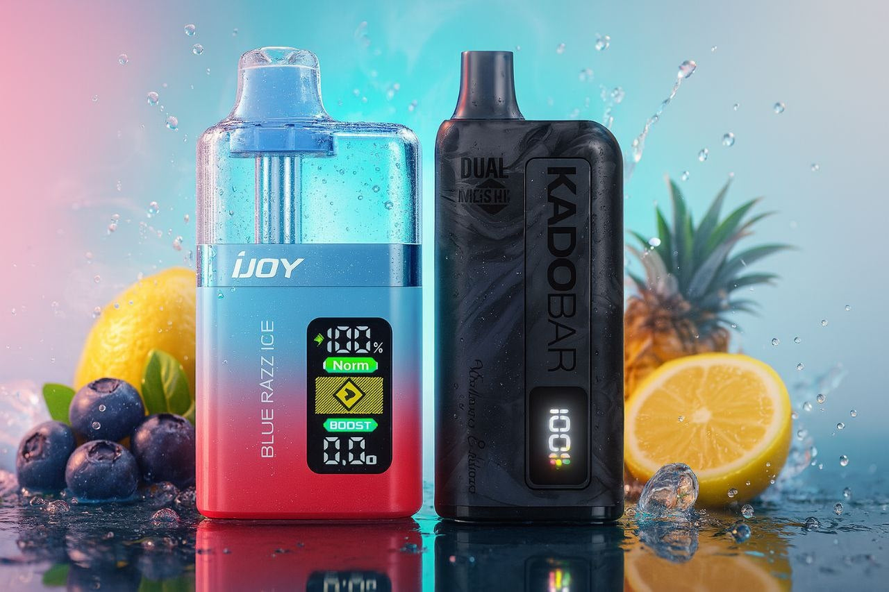 The image showcases two sleek vape devices—one labeled 
