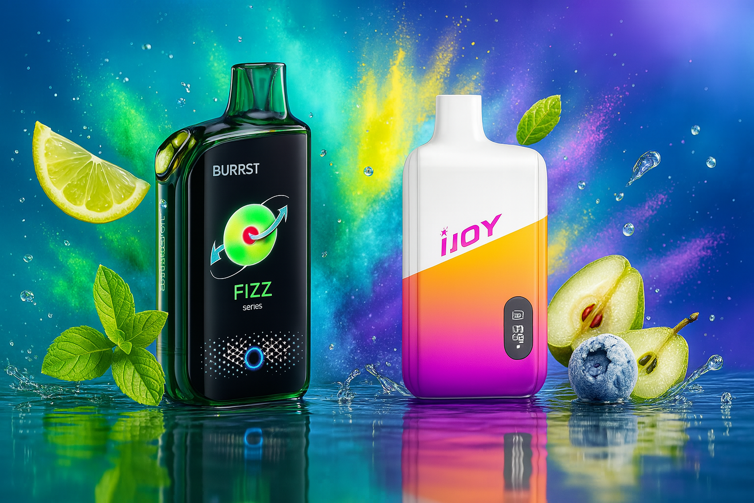 The image features two stylish vape devices standing upright on a glossy, reflective surface, set against a vivid, multicolored backdrop that radiates energy and freshness. On the left, the 
