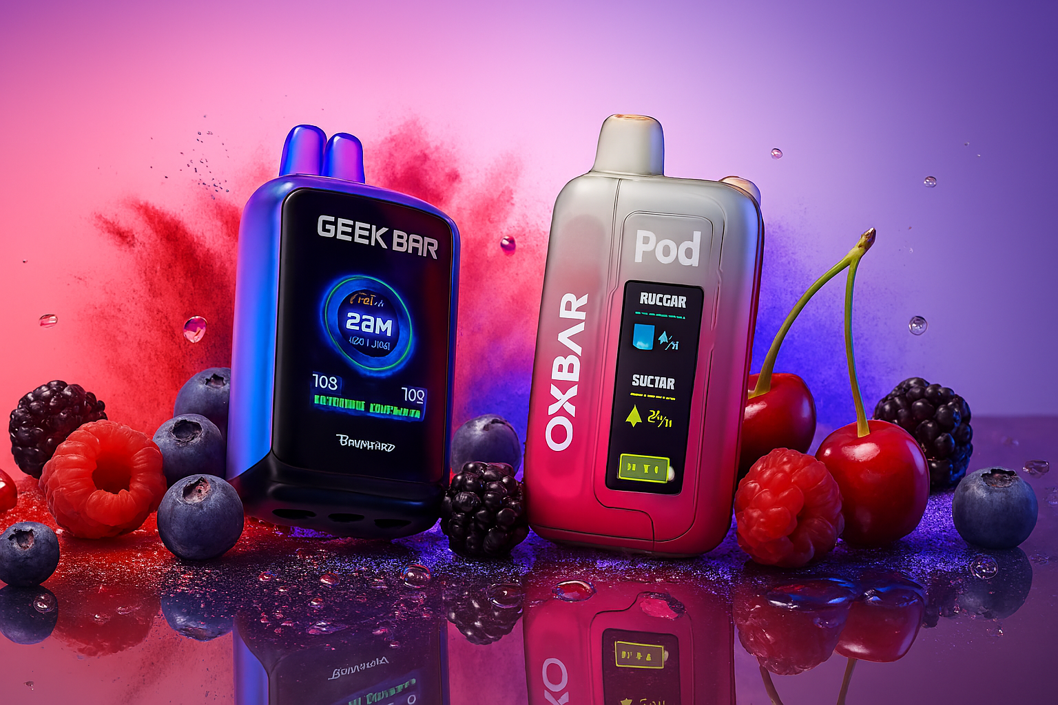 The image features two vibrant vape devices surrounded by an assortment of fresh berries and cherries, set against a dynamic background of purple, pink, and blue gradients with splashes of red powder and water droplets. The left device, labeled 