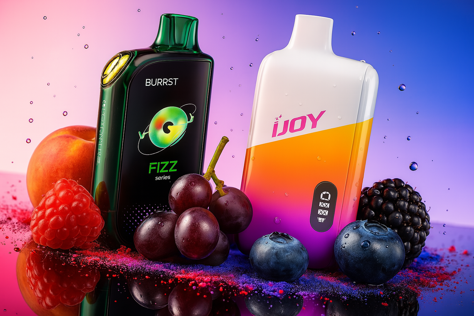 The image showcases two colorful vape devices placed on a reflective surface surrounded by fresh fruits such as peach, raspberry, grapes, blueberries, and blackberry. The left device, labeled 