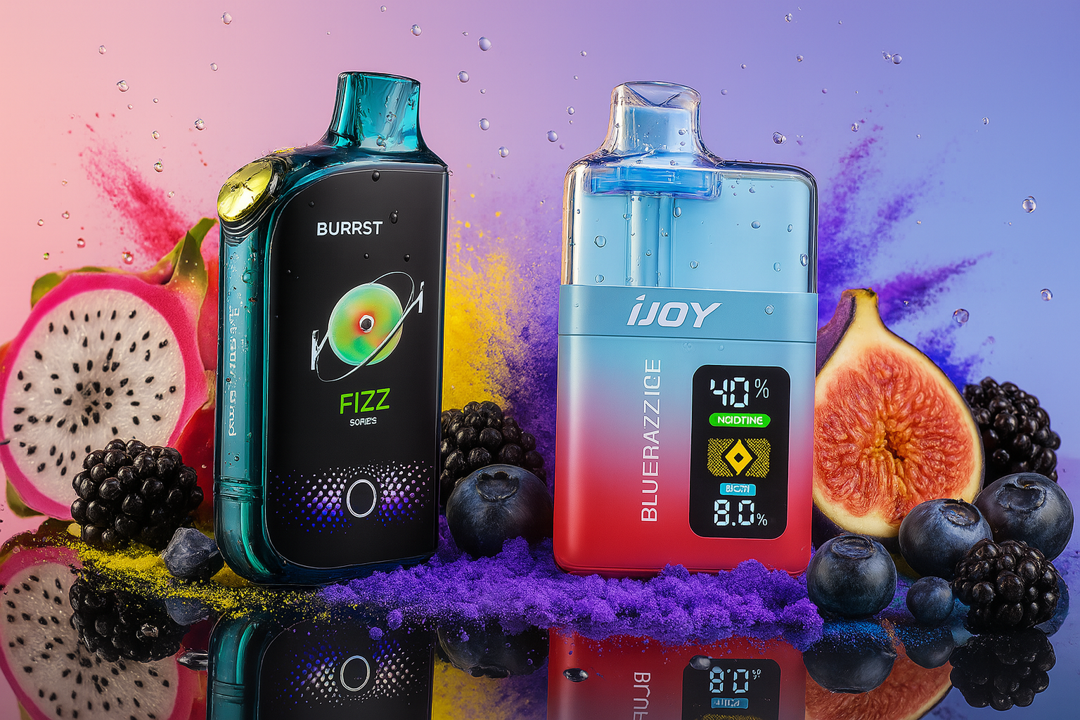 The image showcases two vibrant vape devices surrounded by a rich assortment of fruits and powdered pigments, creating a bold and flavorful visual experience. On the left, the 