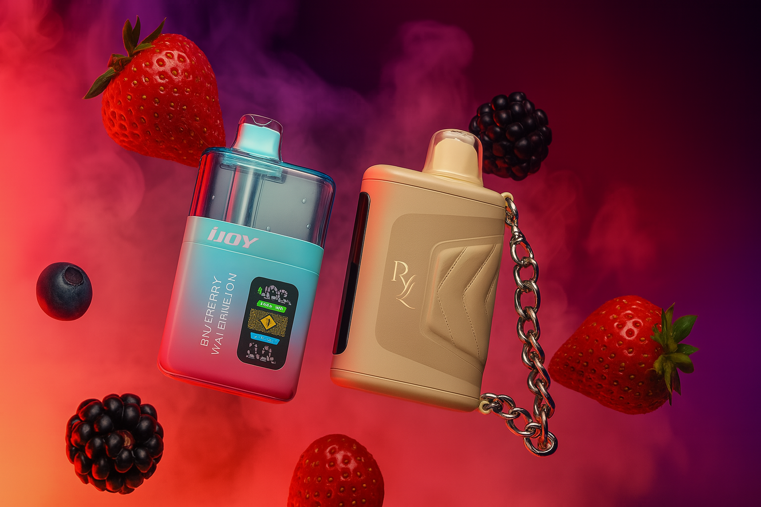 The image features two colorful vape devices set against a dramatic backdrop of red and purple smoke, surrounded by fresh fruits that emphasize their flavor profiles. On the left, the 