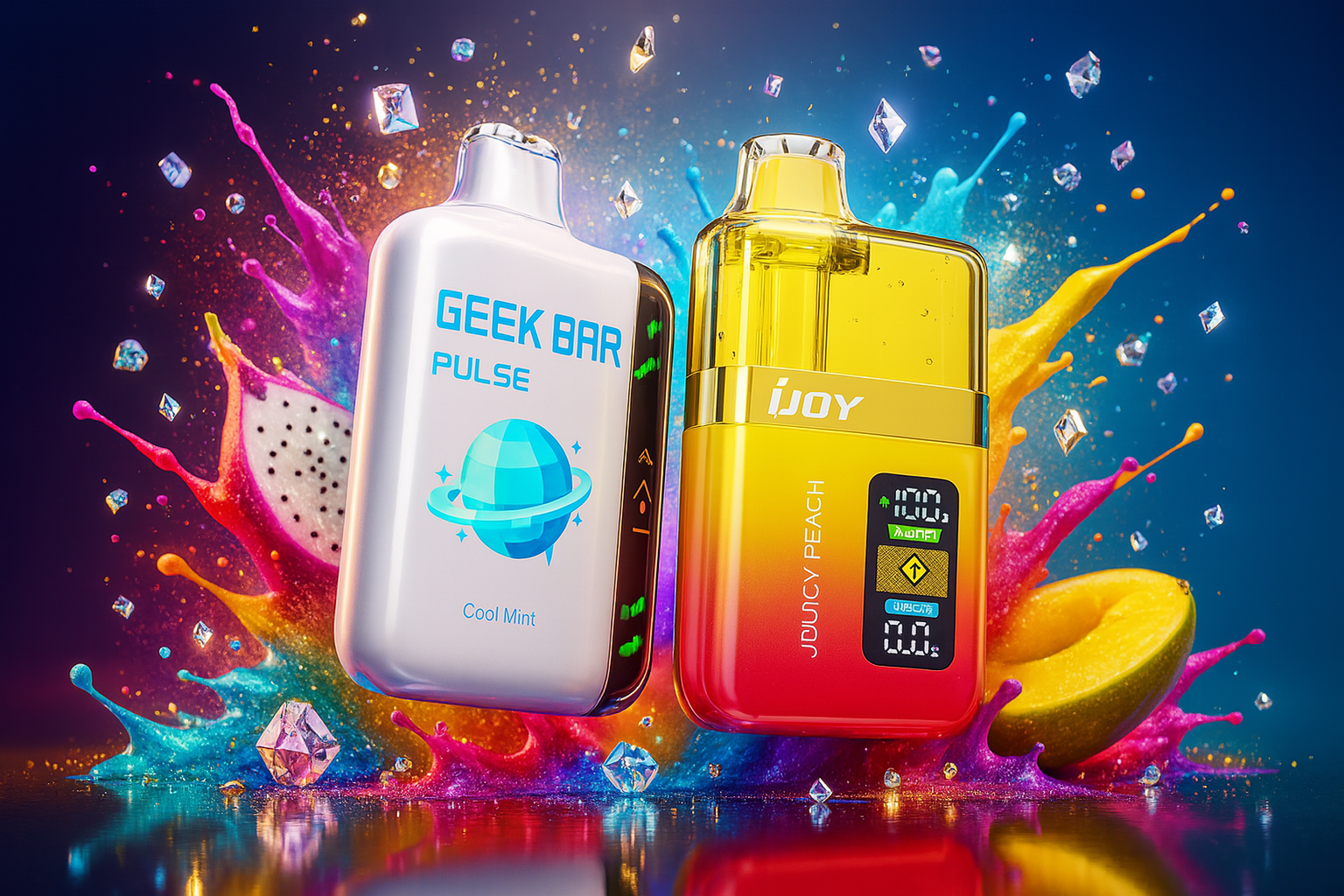 The image features two vibrant vape devices set against a splashy, high-energy background filled with bursts of pink, orange, and blue, along with crystal-like shapes and fruit elements. On the left, the 