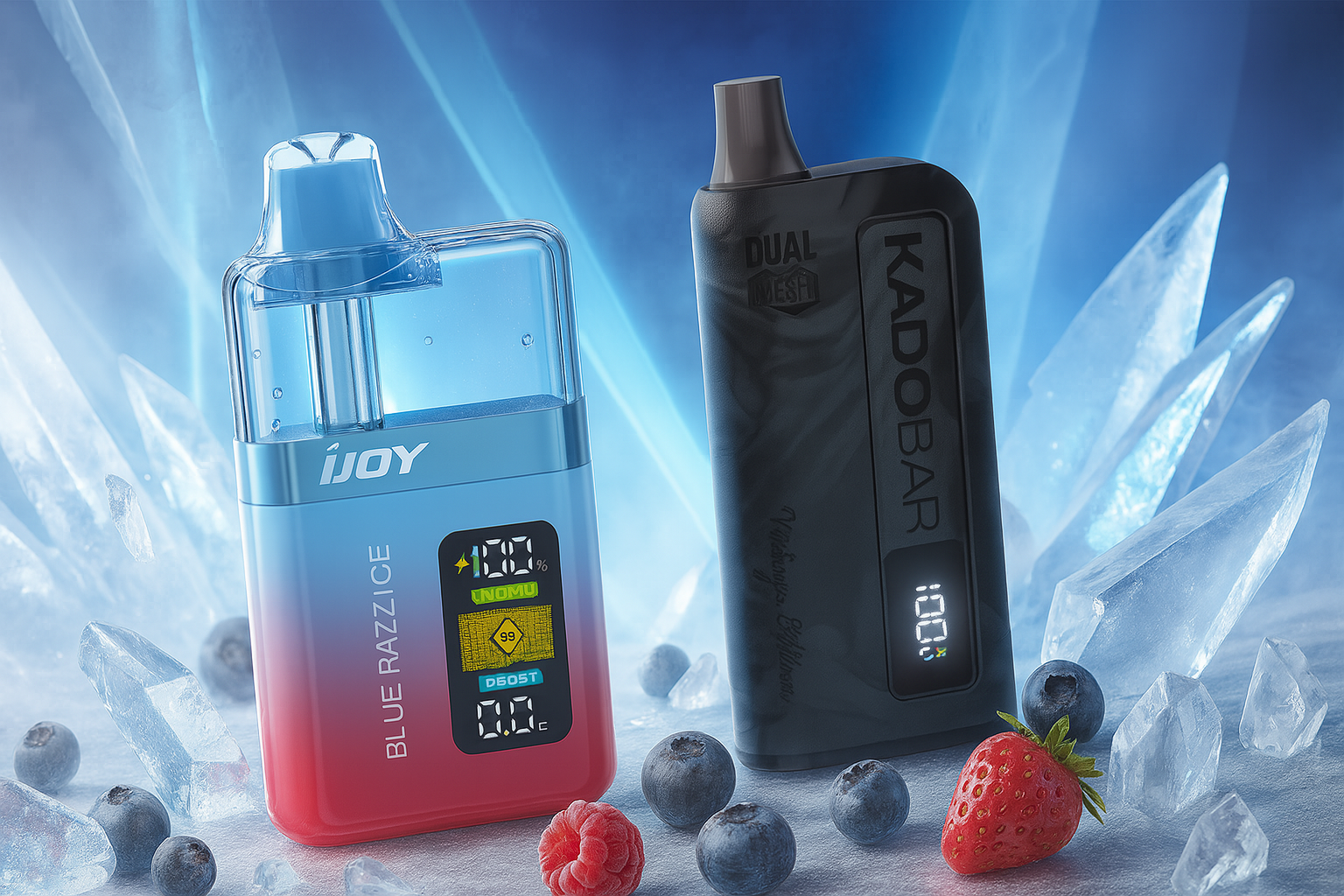 The image showcases two modern vape devices placed on a frosty surface surrounded by ice crystals and fresh fruits, including blueberries, a raspberry, and a strawberry. The left device, with a gradient design from blue to red, is labeled “iJOY” and “BLUE RAZZ ICE,” featuring a digital screen with the words “UNLOCK,” “PUFFS,” and “00000.” The right device, sleek and black, is branded “KADOBAR” with “DUAL MESH” and a display showing “100.” Set against an icy blue background, the composition evokes a crisp, refreshing sensation, blending cool aesthetics with fruity vibrance and cutting-edge vaping technology.