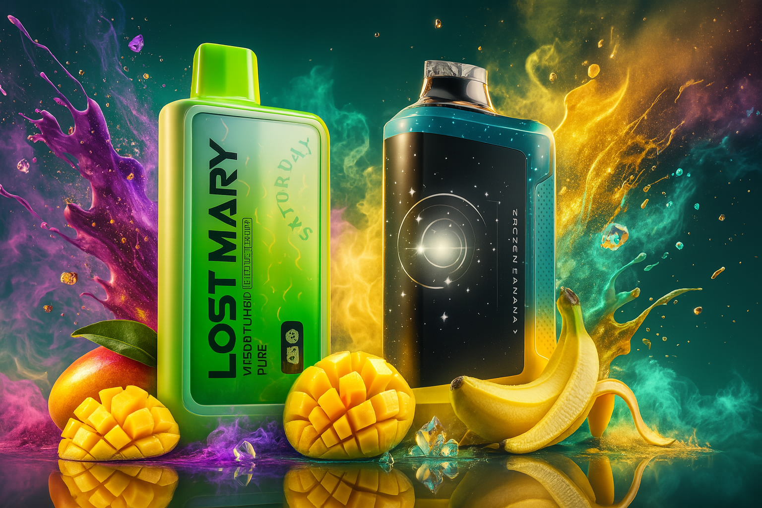 The image displays two eye-catching vape devices surrounded by a burst of tropical energy and vivid color splashes. On the left, the green 