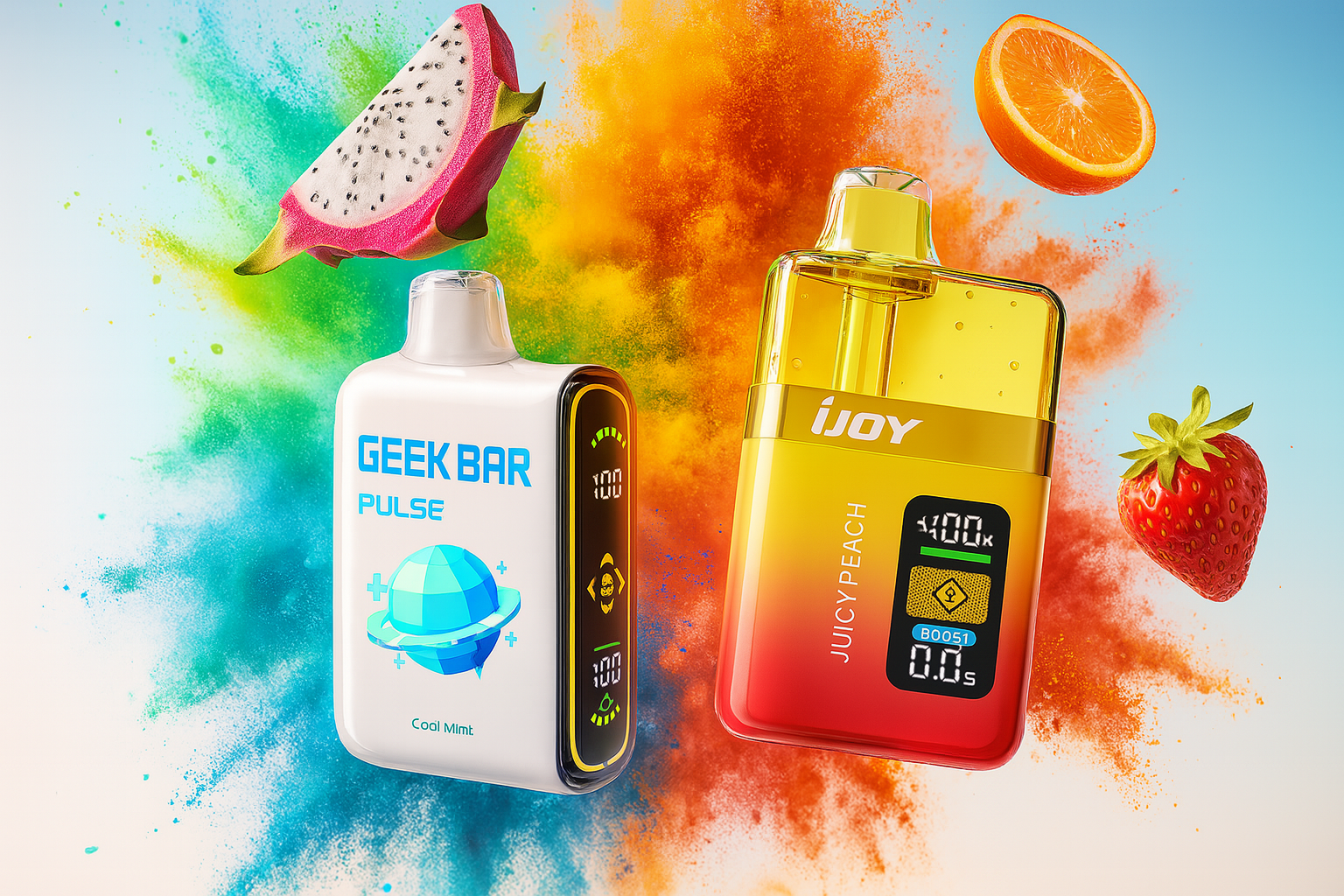 The image features two eye-catching vape devices set against a vivid, flavor-charged backdrop. On the left, the “GEEK BAR PULSE” showcases a “Cool Mint” flavor with a blue globe graphic, while the right device, branded “iJOY,” highlights “JUICY PEACH” and displays digital indicators such as “11000 PUFFS,” “6000s,” and “0.0Ω.” Surrounding the devices are vibrant fruits including sliced dragon fruit, an orange wedge, and a strawberry, amplifying the sensory appeal. The composition bursts with color and freshness, blending sleek technology with juicy, exotic energy.