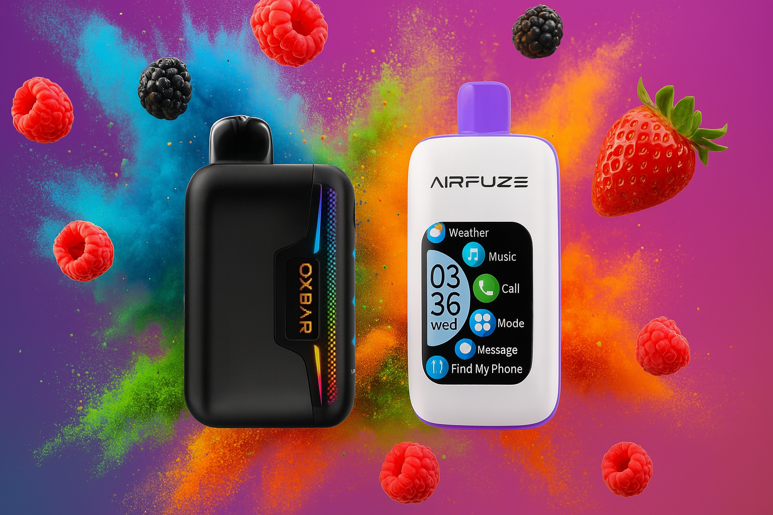 The image features two sleek electronic devices set against a vibrant backdrop of powdered color bursts and scattered berries, including raspberries, blackberries, and a strawberry. The left device, labeled “OXBAR,” has a minimalist black design accented with a rainbow gradient, while the right device, “AIRFUZE,” resembles a compact smart gadget with a screen displaying icons for weather, music, mode, messages, and “Find My Phone,” along with the time “03:36,” the day “Wed,” and the date “03 26.” The composition blends fruity freshness with digital sophistication, evoking a lifestyle of flavor, color, and connected innovation.