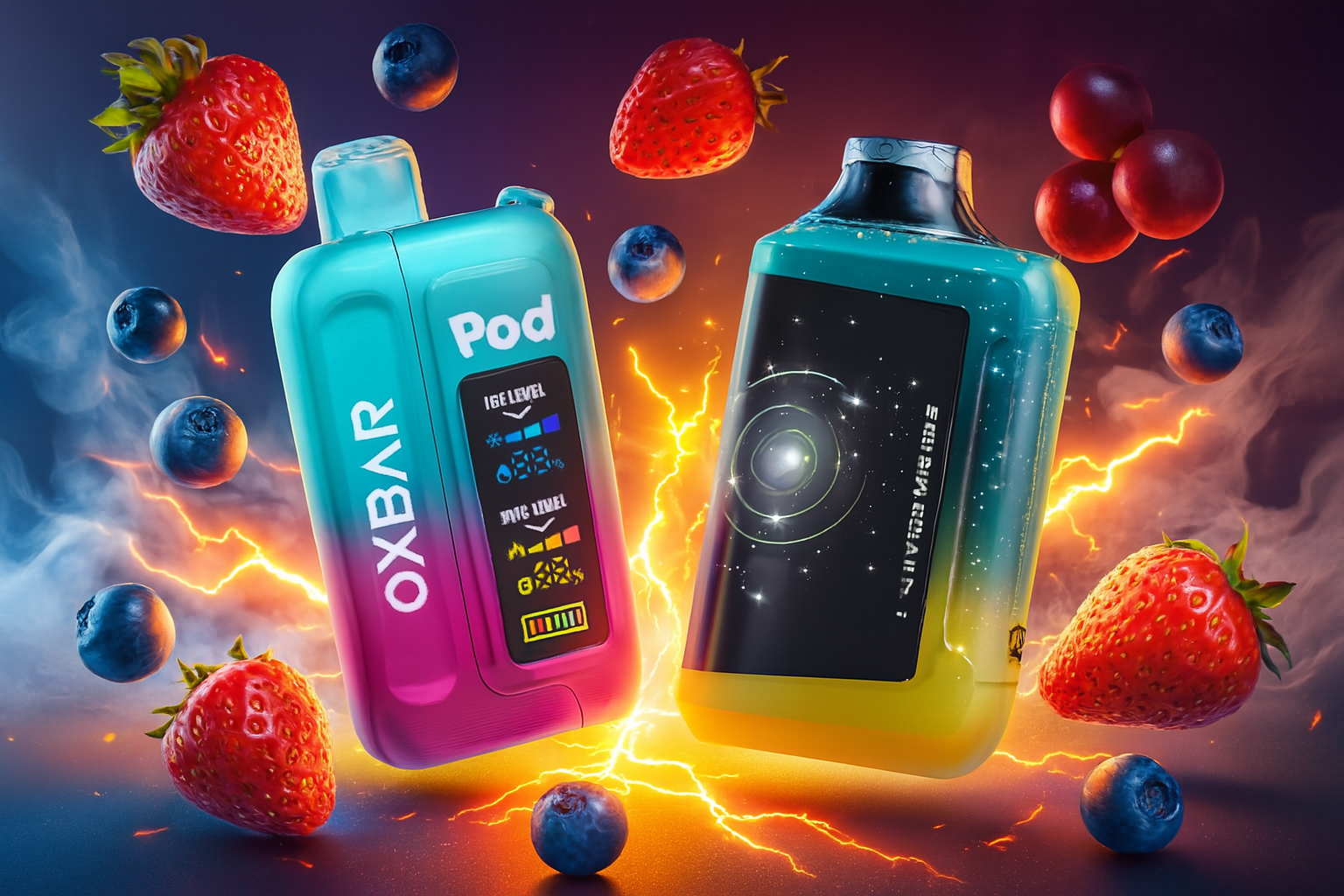 The image features two vibrant vape devices set against a high-energy backdrop of electric sparks, glowing light, and swirling smoke. On the left, the 