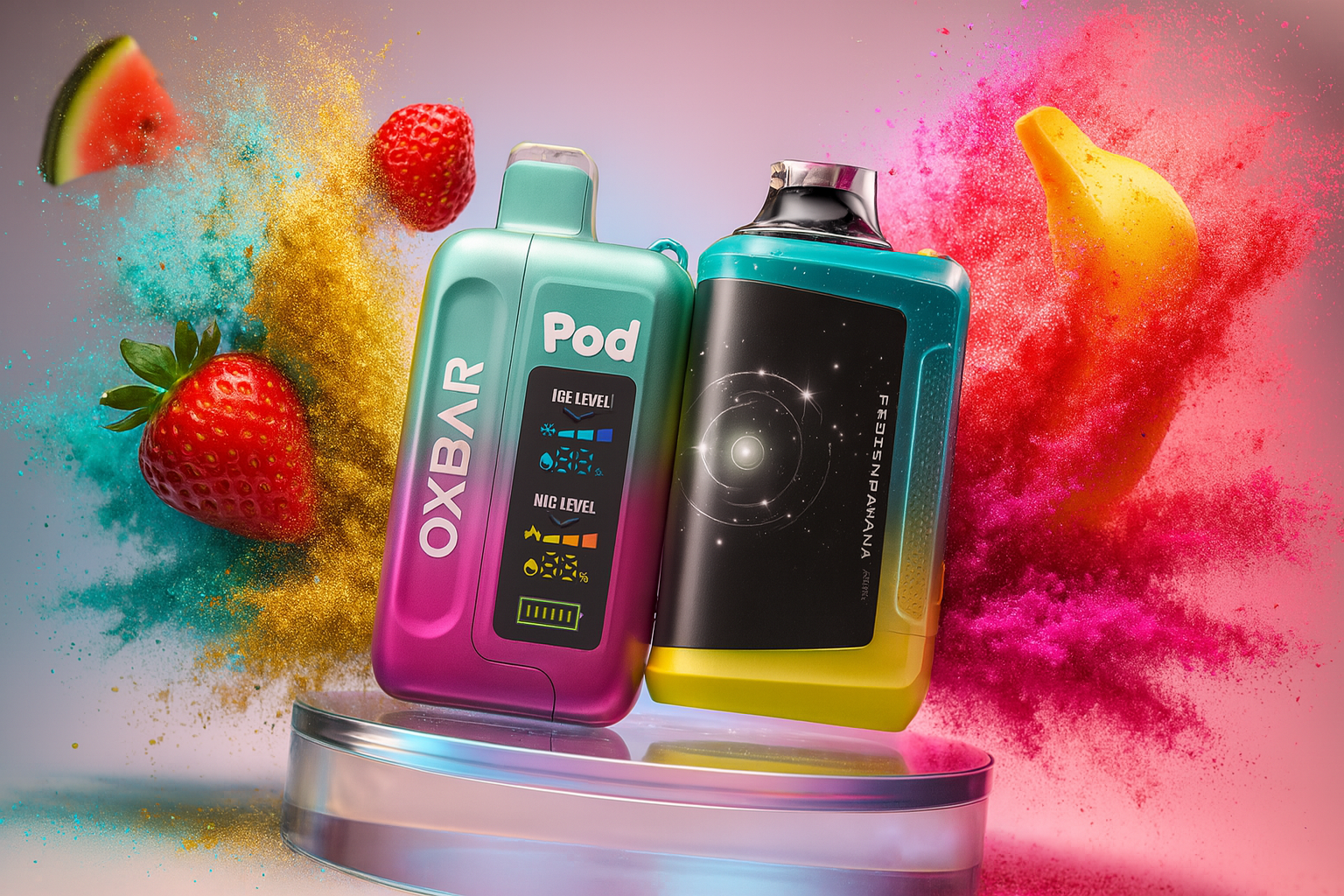 The image displays two vibrant vape devices resting on a transparent circular platform, surrounded by an explosion of colorful powder and fresh fruits. On the left, the 