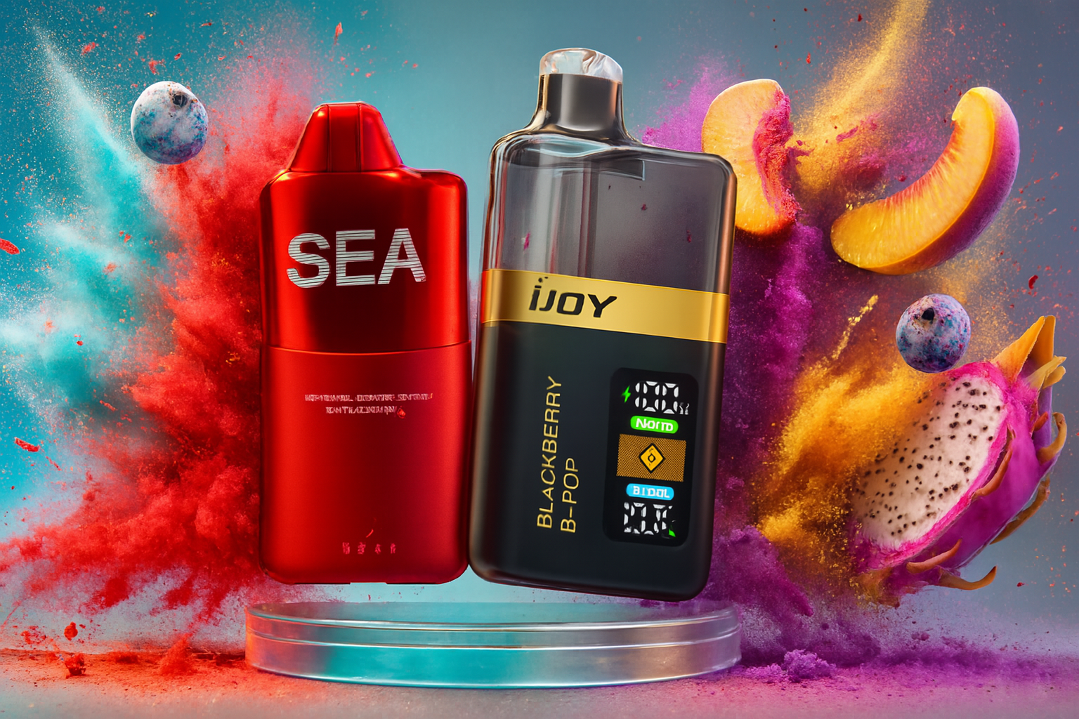 The image displays two visually striking vape devices positioned on a transparent circular platform, set against a vibrant backdrop of powdered color bursts and fruit elements. The red device on the left, labeled 