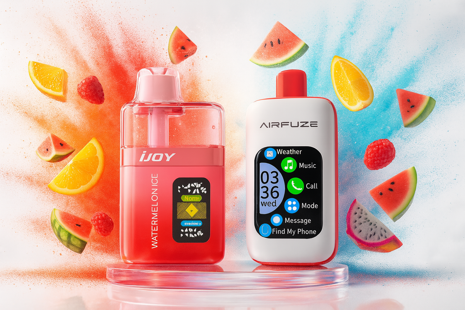 The image features two vibrant vape devices displayed on a clear circular stand, surrounded by a burst of colorful fruit and energetic splashes. On the left, the red 